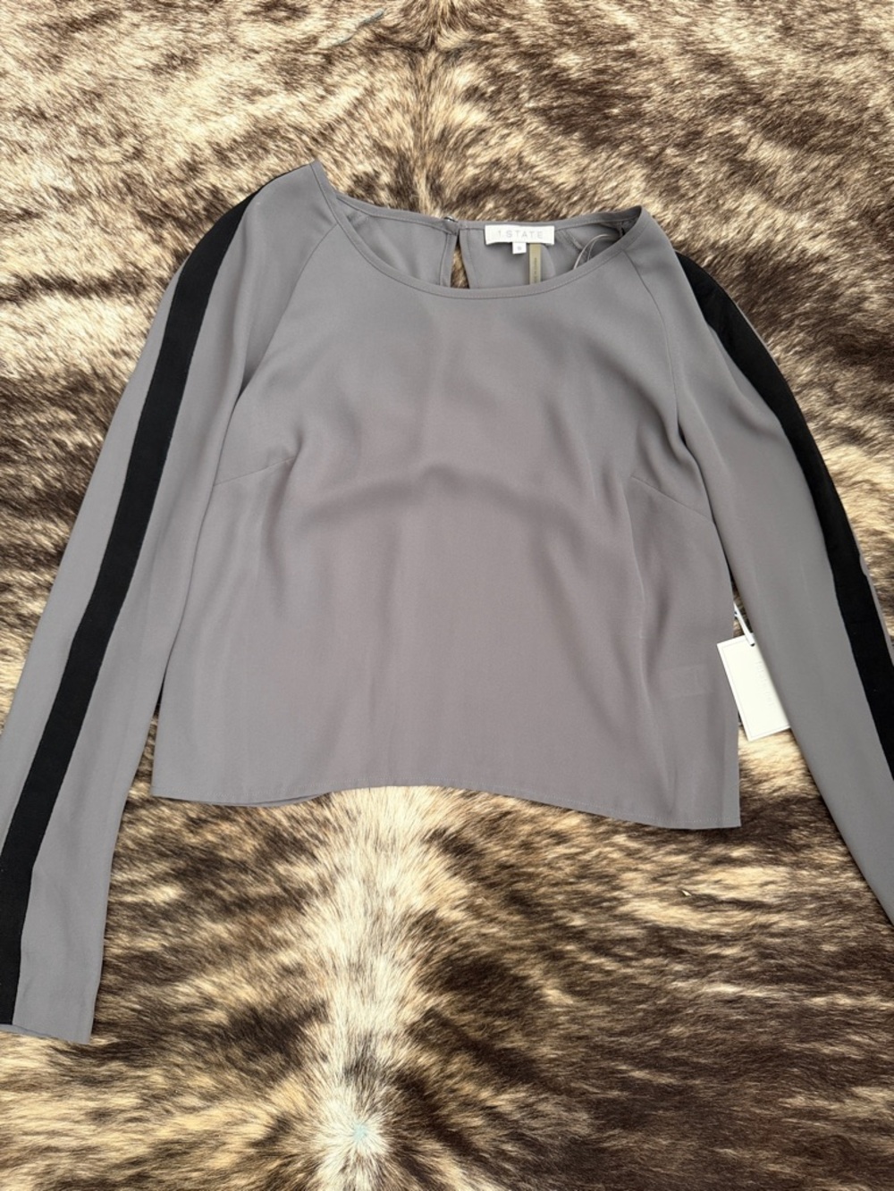 Estate Gray Blouse with Black Sleeve Stripes